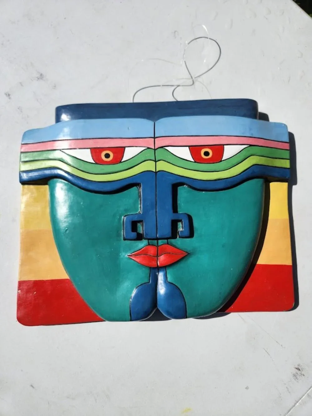 Vintage 1980s Retro Pop Art Wooden Folk Art Mask Wall Hanging Laurel Burch Style